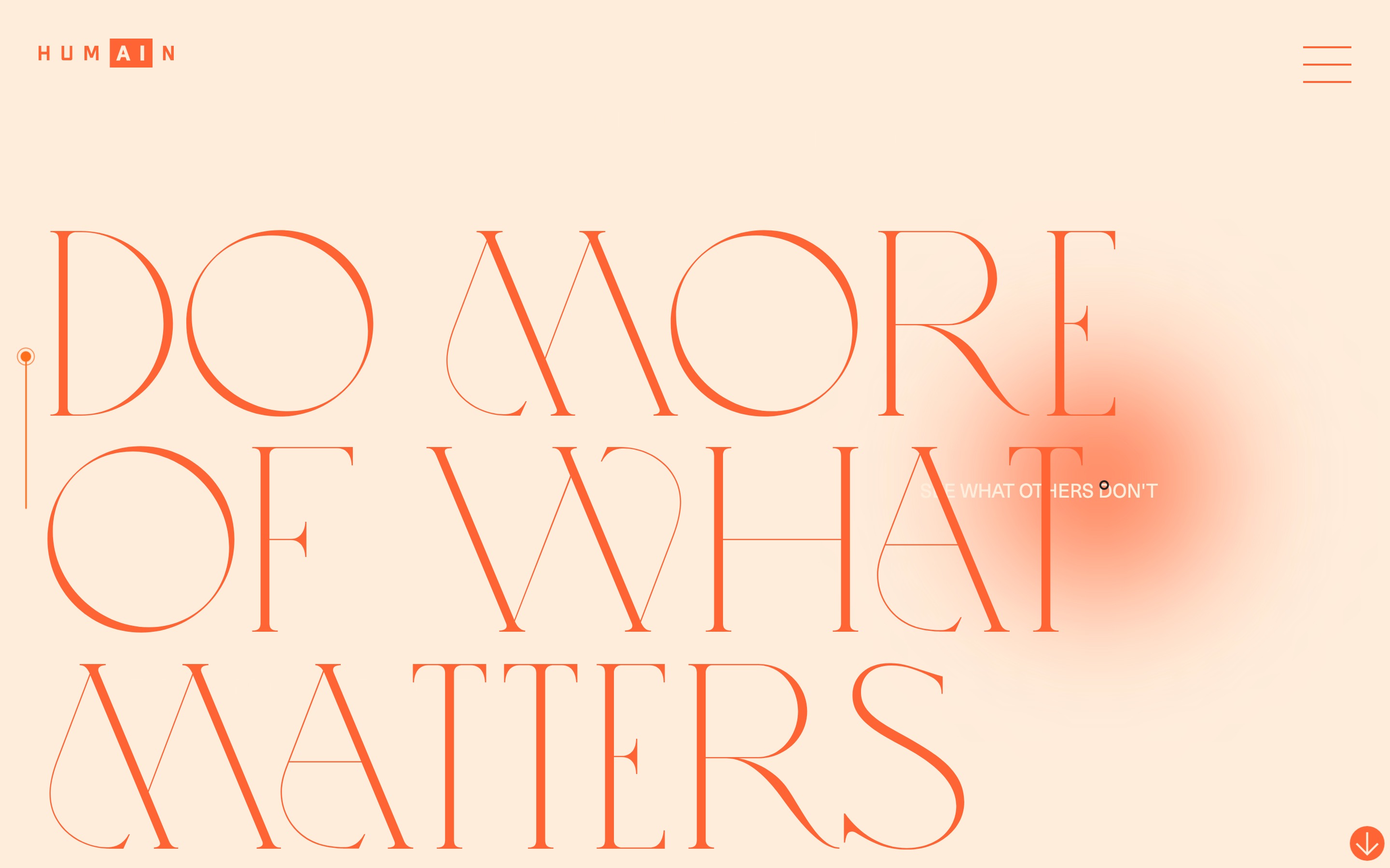 Minimal typographic homepage in peach and orange, where users navigate around the background to reveal hidden text with their glowing halo style cursor.